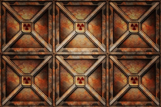 six radioactive storage crates piled up