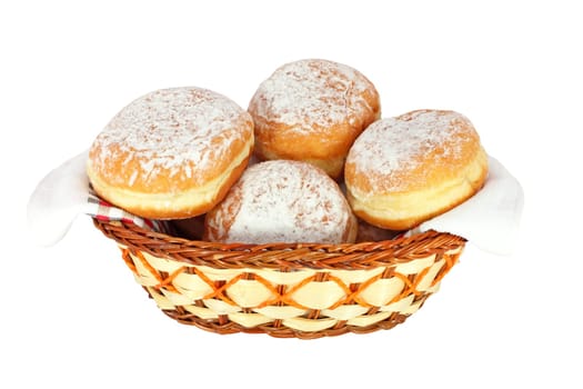 Doughnuts sprinkled with sugar in basket isolated on white