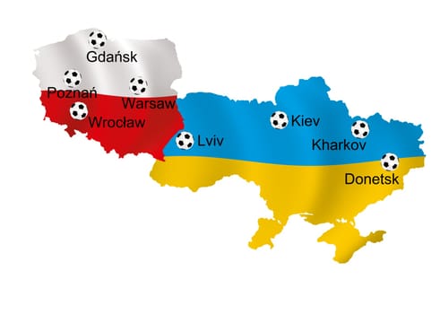 Maps of Poland and Ukraine with stadions in original language