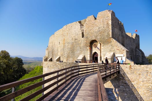 NEAMT, ROMANIA - AUGUST 27: Knights greeting visitors at the newly restored Neamt Fortress on August 27, 2011 in Targu Neamt, Romania. The fortress was restored in 2007 and 2008 and is one of the main attractions of the area.