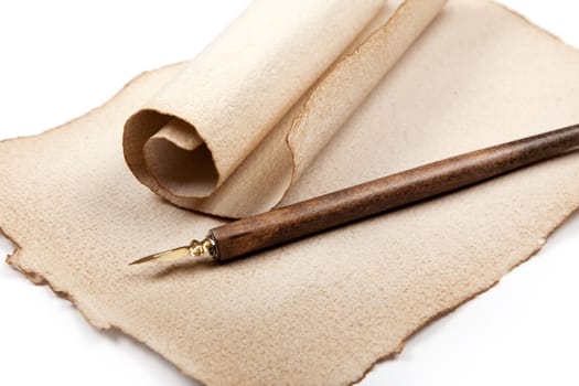 Correspondence Antique,old paper with quill in white background