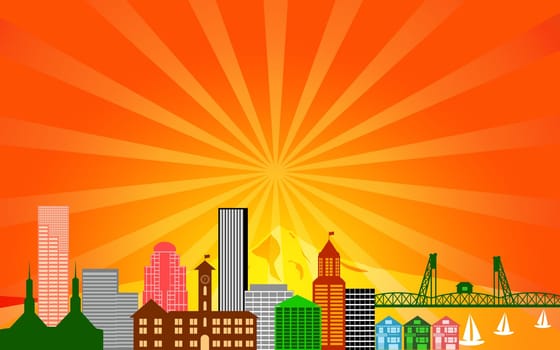 Portland City Oregon Skyline Panorama Color Silhouette with Sun Rays Clip Art Illustration