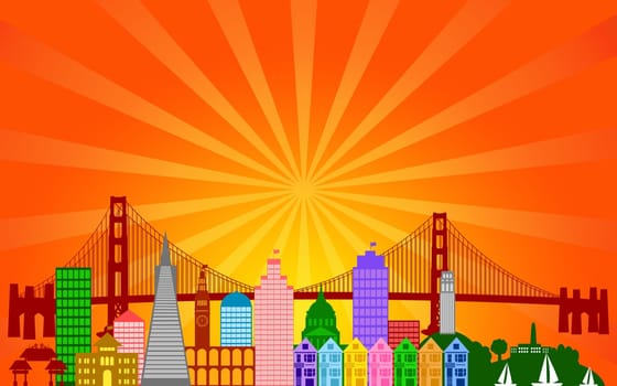 San Francisco California City Skyline Panorama Color Silhouette with Sun Rays Clip Art Illustration