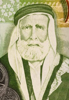 Hussein bin Ali (1854-1931) on 1 Dinar 2011 Banknote from Jordan. Sharif of Mecca, and Emir of Mecca during 1908-1917, when he proclaimed himself King of the Hejaz. He initiated the Arab Revolt in 1916 against the increasingly nationalistic Ottoman Empire