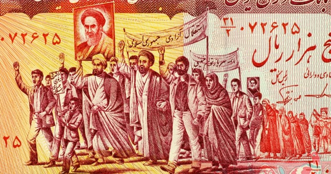 Mullahs Leading Marchers Carrying Posters of Khomeini on 5000 Rials 1983 Banknote from Iran.