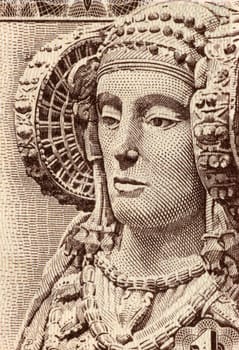 Lady of Elche on 1 Peseta 1948 Banknote from Spain. The Lady of Elche is a sculpture of limestone bust of a woman, dated fifth century or fourth century BC.