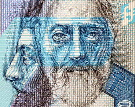 Saints Cyril and Methodius on 50 Korun 2005 Banknote from Slovakia. Byzantine Greek brothers who became missionaries of Christianity among the Slavic peoples of Bulgaria, Great Moravia and Pannonia. They are credited with devising the Glagolitic alphabet