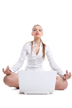 Beauty business woman sit with white laptop in lotos pose isolated
