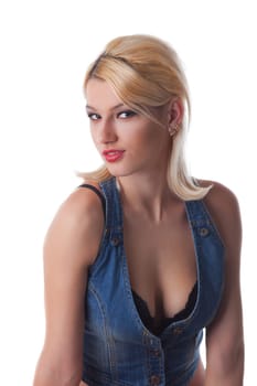 Beauty blond woman sexy portrait  in jeans jacket isolated