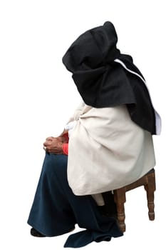 elderly indigenous woman in traditional dress on white background