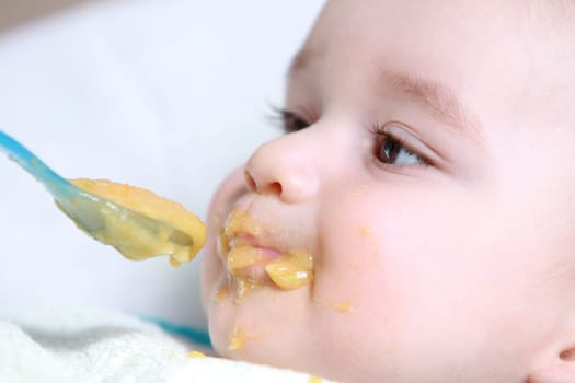 Baby boy eating vegetable mash