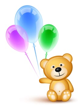 Teddybear holding colored  balloons over white