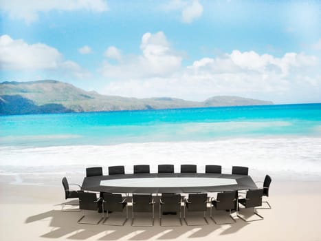 3D rendering of a Meeting table and chairs in the water of a Caribbean beach