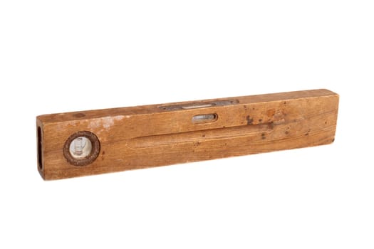 old brown wooden spirit level on a white background