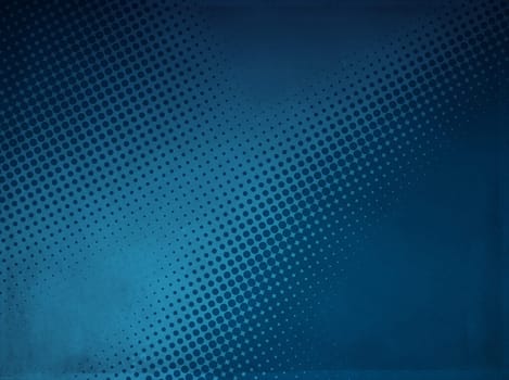 Grunge abstract halftone background made of a light and dark blue dotted pattern.