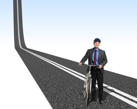 smiling businessman with bike and 3d asphalt way