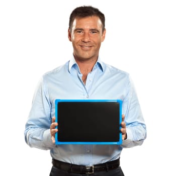 one caucasian business man holding a blackboard copy space message in studio isolated on white background