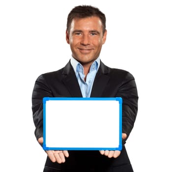 one caucasian business man holding showing whiteboard in studio isolated on white background