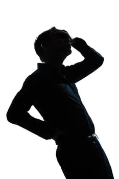 one caucasian man portrait silhouette pain backache in studio isolated white background