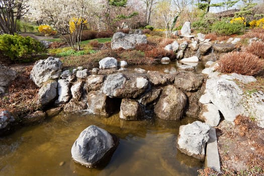 Japanese garden,landscape plants and small waterfall