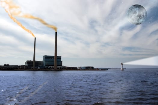 smoke rising from a power generating station with lighthouse beams and full moon at night