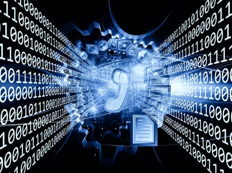 Interplay of communication symbols, gears and abstract design elements on the subject of global communications, messaging, information exchange and modern technologies