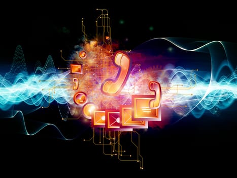 Composition of communication symbols, gears and abstract design elements on the subject of global communications, messaging, information exchange and modern technologies