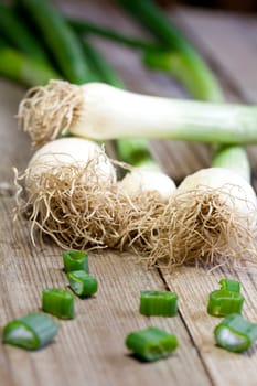 Spring onions on a rustic wood background