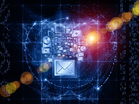 Interplay of communication symbols,  messaging icons and technological design elements on the subject of global communications, messaging, information sharing and modern technologies