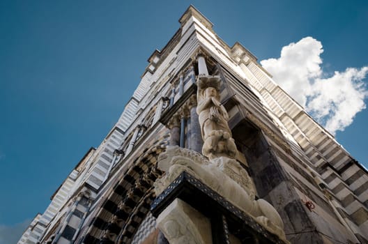 Cathedral of St. Lawrence in Genoa photographed from below