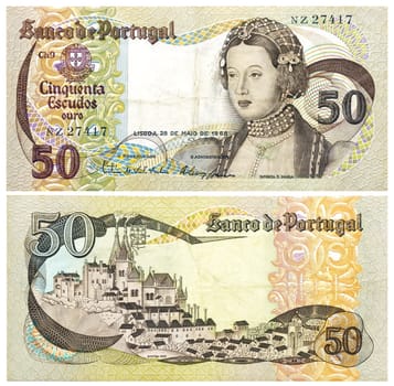Old Escudo bills from Portugal isolated on white.