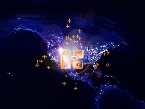 Rendering of city light map (courtesy of NASA), abstract lights and symbols on the subject of global transportation, travel, mail and shipping