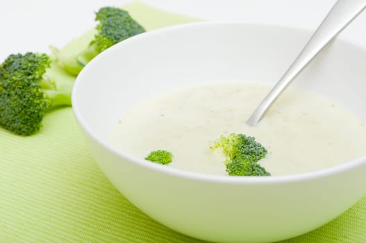 Closeup of Cream of Broccoli Soup in White Bowl