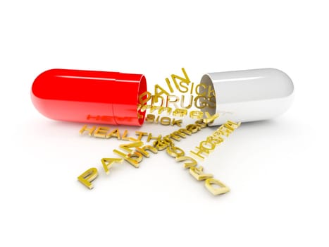 one open pill with different words about health (3d render)