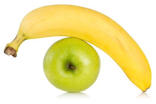 green apple and yellow banana over a white background
