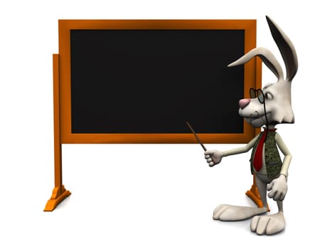 A cartoon rabbit pointing at an empty blackboard with a pointer. White background.