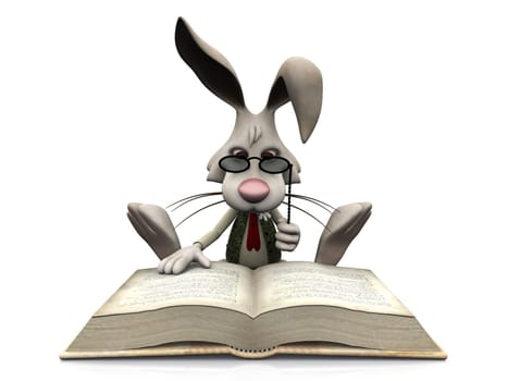 A cartoon rabbit wearing glasses sitting on the floor and reading a big book. White background.