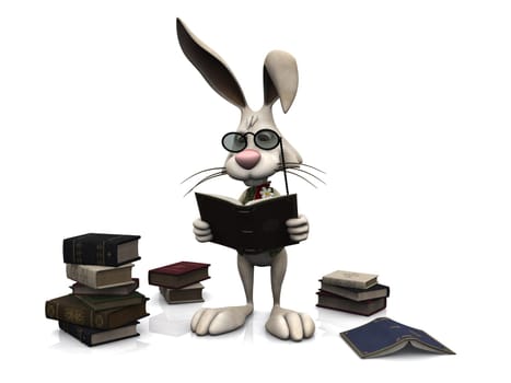 A cartoon rabbit wearing glasses and reading a book. He is surrounded by piles of books. White background.
