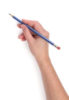 Writing hand with a blue pencil