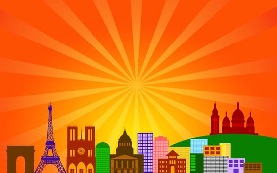 Paris France City Skyline Panorama Color Silhouette with Sun Rays Clip Art Illustration
