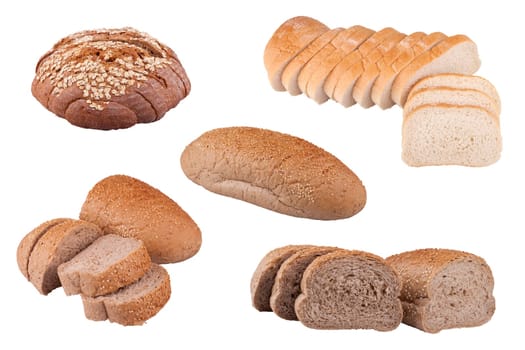 Breads with sesame seeds, toast bread and rye bread isolated on white background.