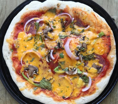 a homemade pizza with assorted ingredients