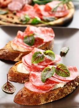 Canape with cream cheese, salami and herbs