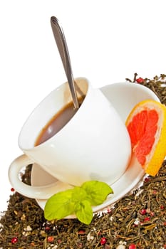 Hot tea cup with lime and fresh mint