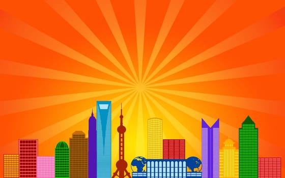 Shanghai China Pudong City Skyline Panorama Color Silhouette with Sun Rays Clip Art Illustration