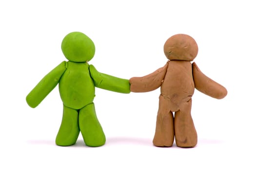two friends made from plasticine over white background