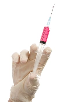 Hand holding syringe isolated on white background