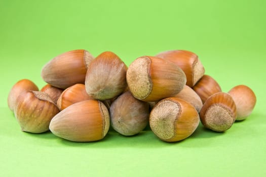pile of hazelnuts on the green background