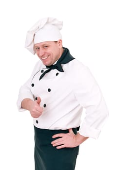 man cook shows all right isolated on white background