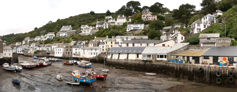 overview of Polperro with boats aground in Cornwall